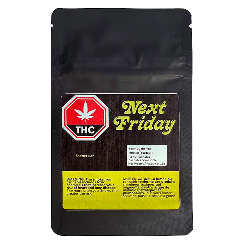 Front-facing shot of the black pouch labeled Next Friday Shatter Bar with a wood-grain label, red THC icon, and yellow warning block.