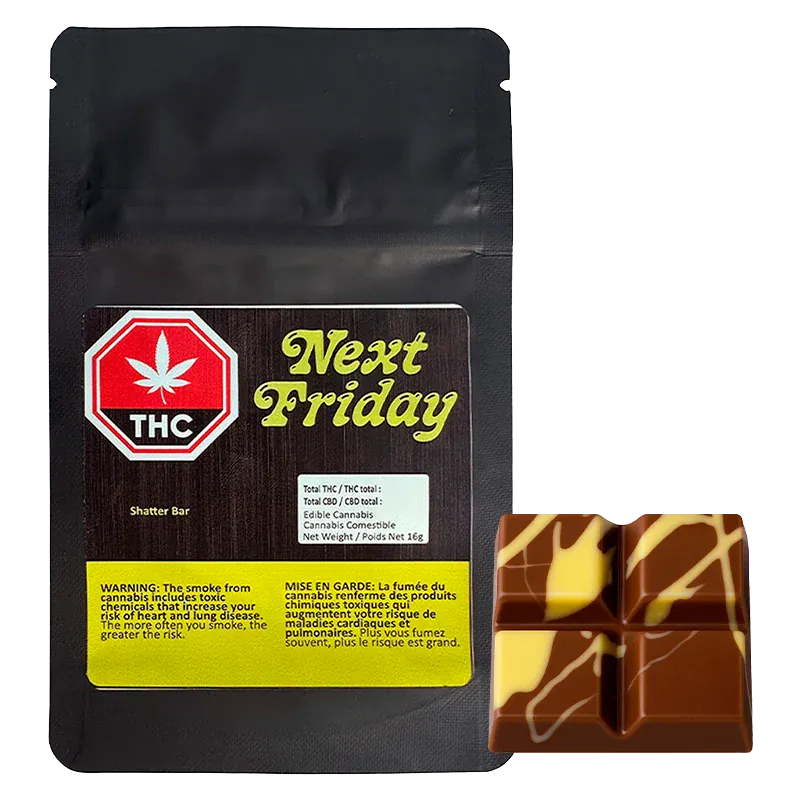 Packshot of a black pouch and a 16g chocolate bar piece, labeled Next Friday Shatter Bar, on a white background with soft shadows.