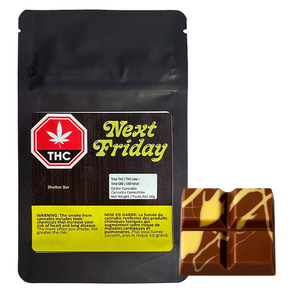 Packshot of a black pouch and a 16g chocolate bar piece, labeled Next Friday Shatter Bar, on a white background with soft shadows.