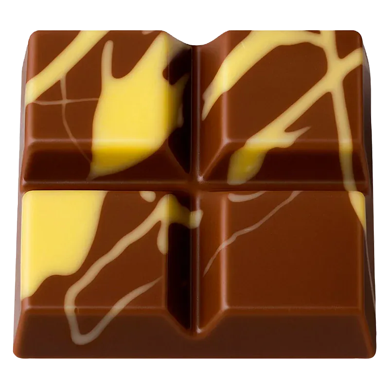 Top-down view of the Shatter Bar showing four glossy milk chocolate squares with yellow marbled drizzle.