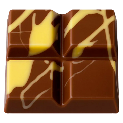 Top-down view of the Shatter Bar showing four glossy milk chocolate squares with yellow marbled drizzle.