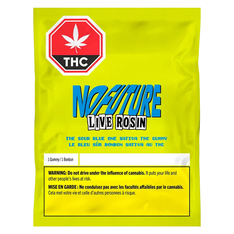 Front-facing shot of bright yellow packaging labeled The Sour Blue One Live Rosin THC Gummy with bold blue "NO FUTURE" logo and red THC stop sign.