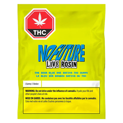 Front-facing shot of bright yellow packaging labeled The Sour Blue One Live Rosin THC Gummy with bold blue "NO FUTURE" logo and red THC stop sign.