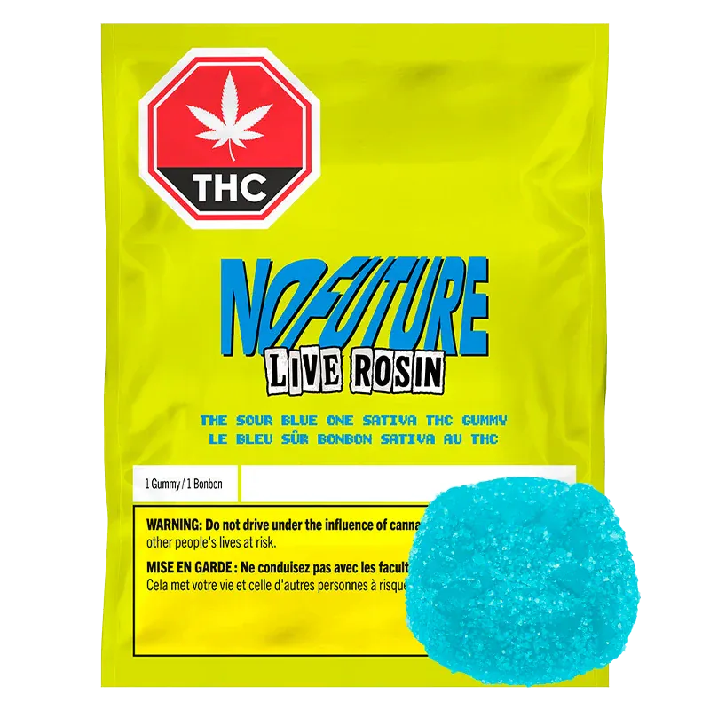 Yellow packet photographed front-on with a blue sugar-coated gummy in the lower right, labeled The Sour Blue One Live Rosin THC Gummy.