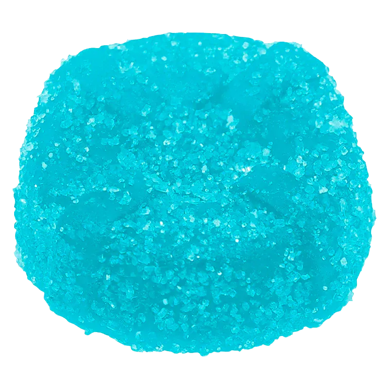 Top-down close-up of a bright turquoise gummy textured with sparkling sugar, labeled The Sour Blue One Live Rosin THC Gummy.