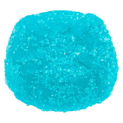 Top-down close-up of a bright turquoise gummy textured with sparkling sugar, labeled The Sour Blue One Live Rosin THC Gummy.