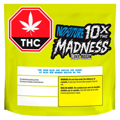 Front-facing shot of the bright yellow pouch labeled The Sour Blue One Live Rosin Gummies with a red THC stop-sign logo and bold "10x the Madness" graphic.