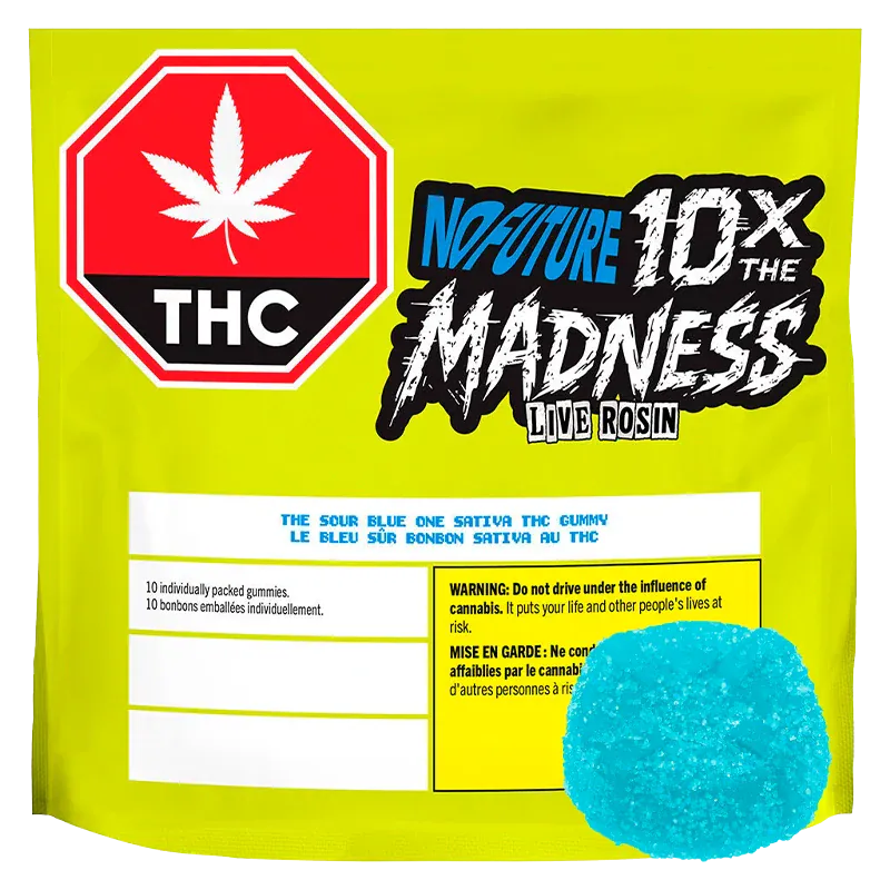 Front-facing shot of the bright yellow pouch labeled The Sour Blue One Live Rosin Gummies with a blue sugar-coated gummy shown at the lower right.