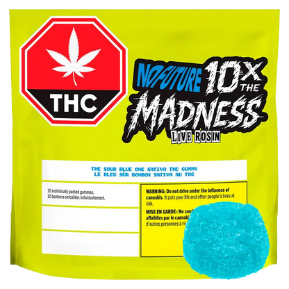 Front-facing shot of the bright yellow pouch labeled The Sour Blue One Live Rosin Gummies with a blue sugar-coated gummy shown at the lower right.