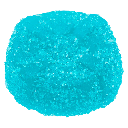 Top-down close-up of a bright blue gummy coated in sugar labeled The Sour Blue One Live Rosin Gummies.