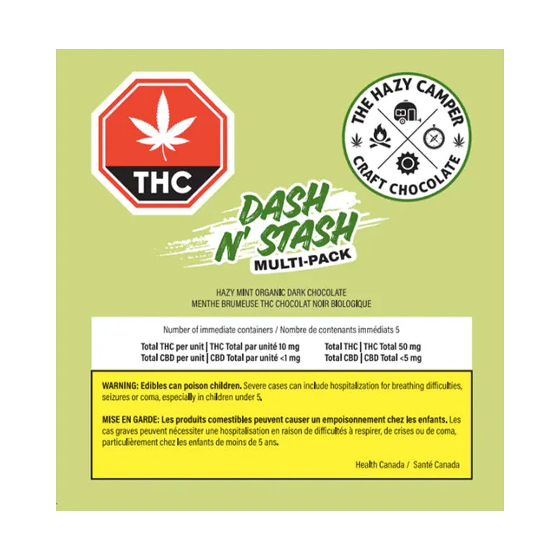 Top-down view of the Hazy Mint THC Chocolates Dash N' Stash multi-pack label on a pale green background with THC and Hazy Camper logos.