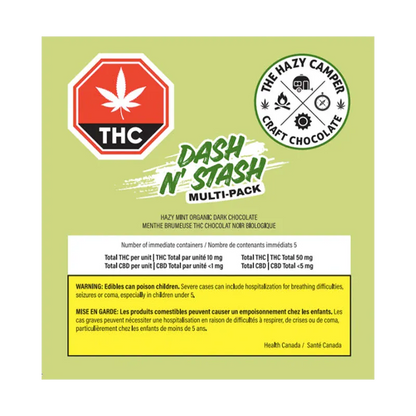 Top-down view of the Hazy Mint THC Chocolates Dash N' Stash multi-pack label on a pale green background with THC and Hazy Camper logos.