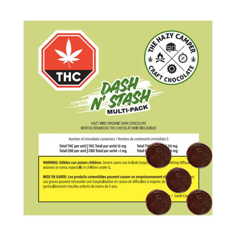 Top-down view of a green package labeled Hazy Mint THC Chocolates Dash N' Stash multi-pack with five round dark chocolate pieces arranged on the lower right.