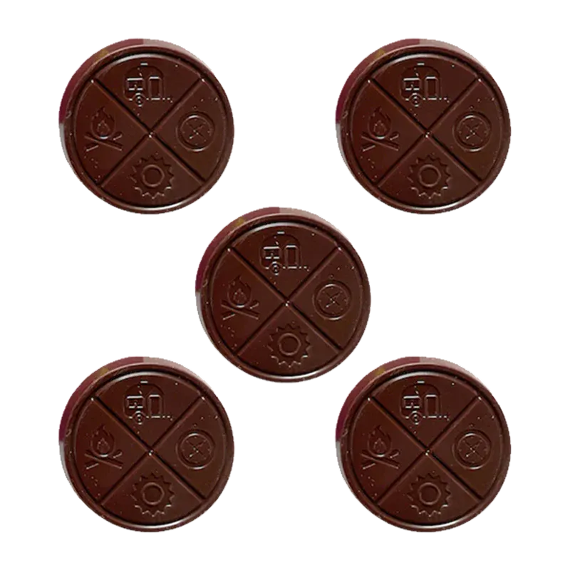Top-down view of five round Hazy Mint THC Chocolates with stamped quadrant icons on a white background.