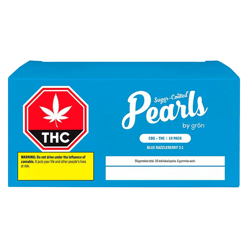 Front-facing shot of a bright blue box labeled "Blue Razzleberry 3:1 CBG/THC Gummies" with a large red THC stop-sign icon and white "Pearls" logo.