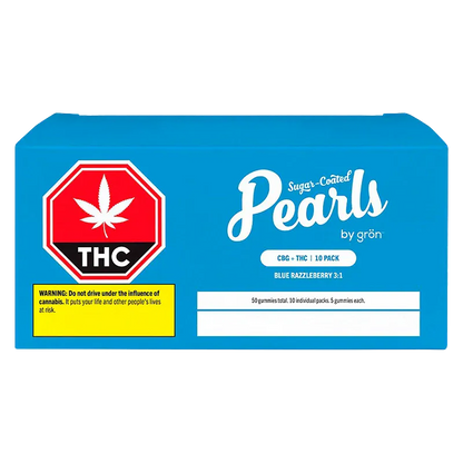 Front-facing shot of a bright blue box labeled "Blue Razzleberry 3:1 CBG/THC Gummies" with a large red THC stop-sign icon and white "Pearls" logo.