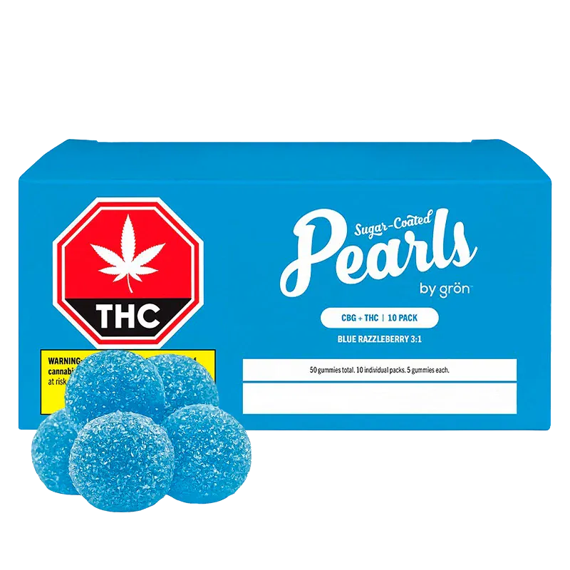 Front-facing shot of the Blue Razzleberry 3:1 CBG/THC Gummies box with blue sugar-coated pearls pictured in front.