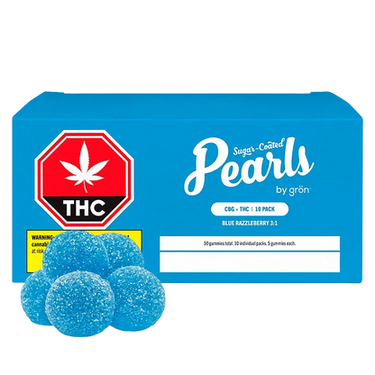 Front-facing shot of the Blue Razzleberry 3:1 CBG/THC Gummies box with blue sugar-coated pearls pictured in front.