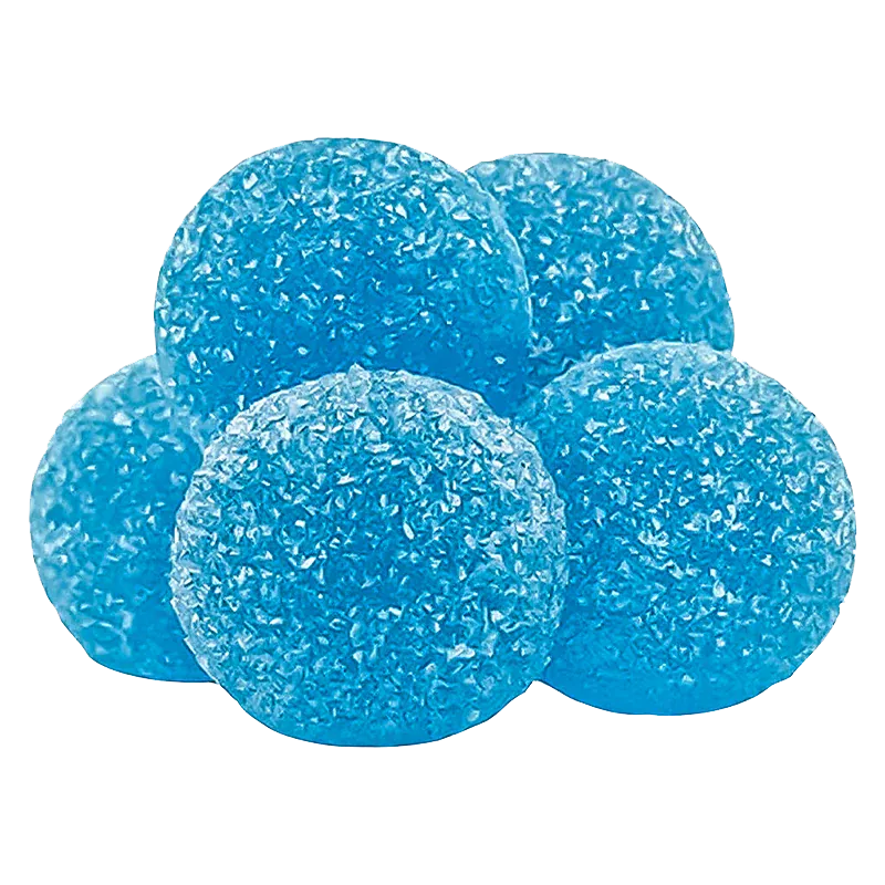 Close-up of five sugar-coated, bright blue Blue Razzleberry 3:1 CBG/THC Gummies clustered against a white background.
