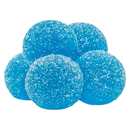 Close-up of five sugar-coated, bright blue Blue Razzleberry 3:1 CBG/THC Gummies clustered against a white background.