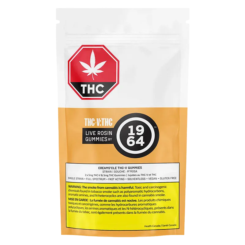 Front-facing pouch photo of THC-V: THC Orange Creams'cle Live Rosin Gummies with white top, orange lower panel and bold THC emblem.