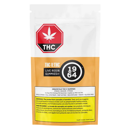 Front-facing pouch photo of THC-V: THC Orange Creams'cle Live Rosin Gummies with white top, orange lower panel and bold THC emblem.