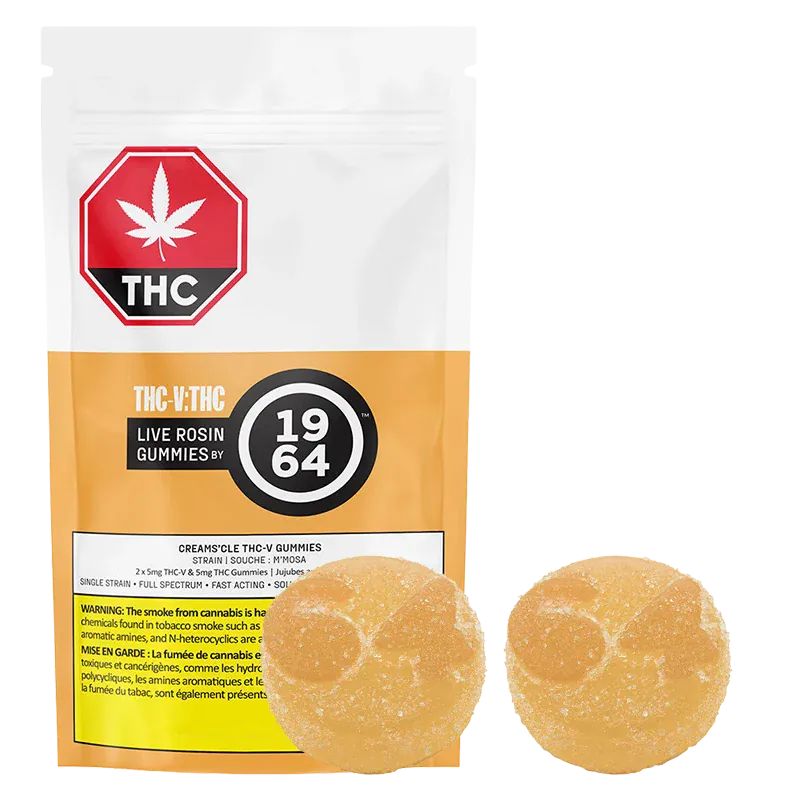 Front-facing pouch with two sugar-coated orange gummy rounds in front, showing the THC-V: THC Orange Creams'cle Live Rosin Gummies branding.