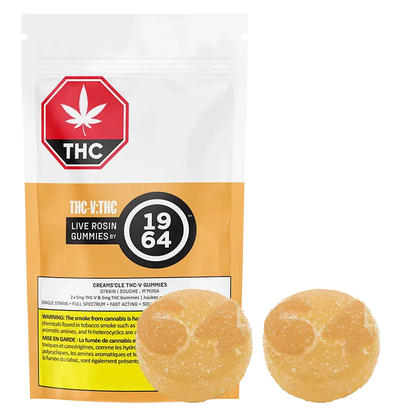 Front-facing pouch with two sugar-coated orange gummy rounds in front, showing the THC-V: THC Orange Creams'cle Live Rosin Gummies branding.