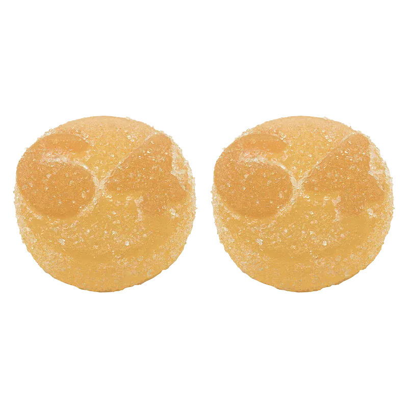 Top-down close-up of two sugar-coated orange rounds of THC-V: THC Orange Creams'cle Live Rosin Gummies against a white background.