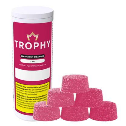 Stacked front view of a white tub labeled Trophy Dragon Fruit Creamsicle Gummies beside six sugar-coated pink gumdrop-shaped candies.