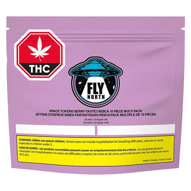 Front-facing shot of the purple pouch of Space Tokens Berry - Tastic! Gummies featuring a central Fly North UFO logo and a red THC stop sign.