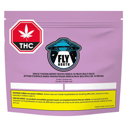 Front-facing shot of the purple pouch of Space Tokens Berry - Tastic! Gummies featuring a central Fly North UFO logo and a red THC stop sign.