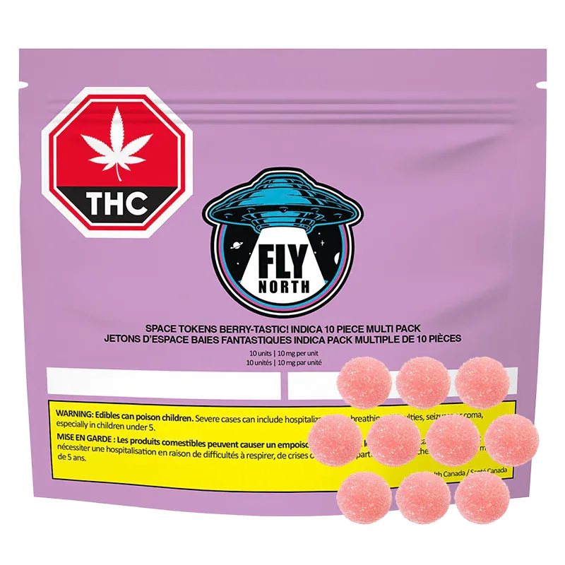 Front-facing view of a purple pouch labeled "Space Tokens Berry - Tastic! Gummies" with a central Fly North UFO logo, a red THC stop sign, and ten pink sugar‑coated gumdrops arranged at the pouch base