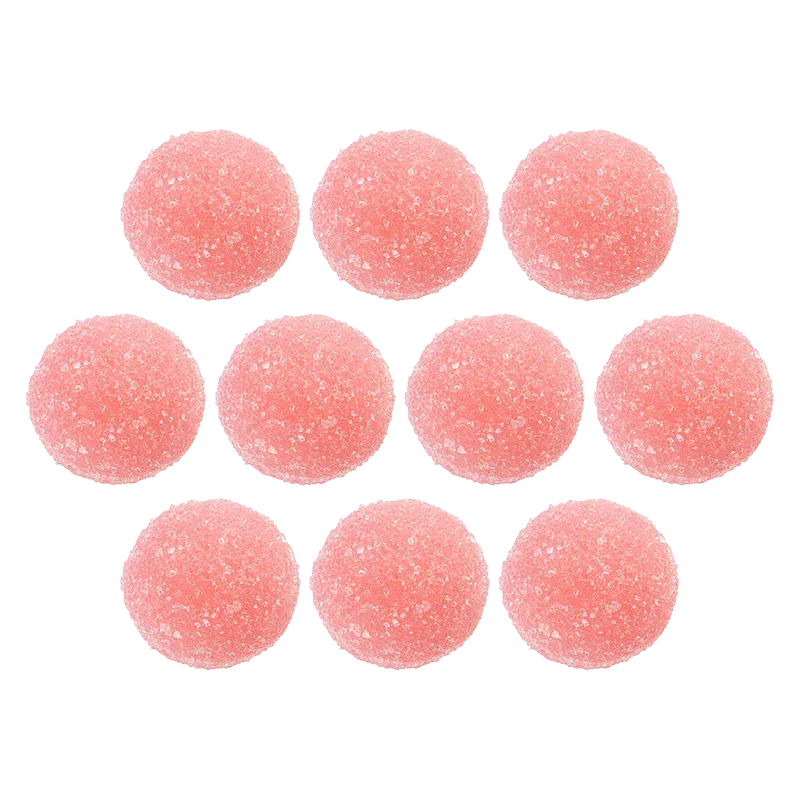 Top-down view of ten pink sugar-coated gummies arranged in rows, labeled Space Tokens Berry - Tastic! Gummies.