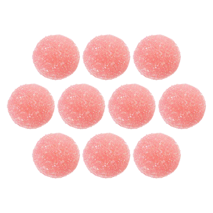 Top-down view of ten pink sugar-coated gummies arranged in rows, labeled Space Tokens Berry - Tastic! Gummies.