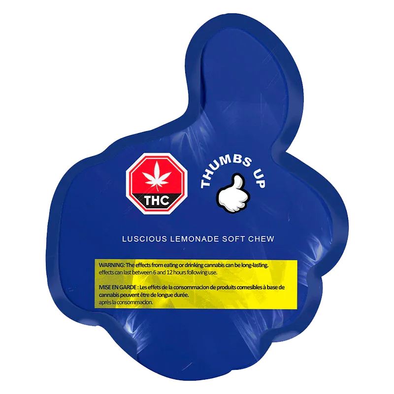 Top-down view of the blue Thumbs Up Luscious Lemonade Gummies pouch with a THC octagon logo and yellow warning box.