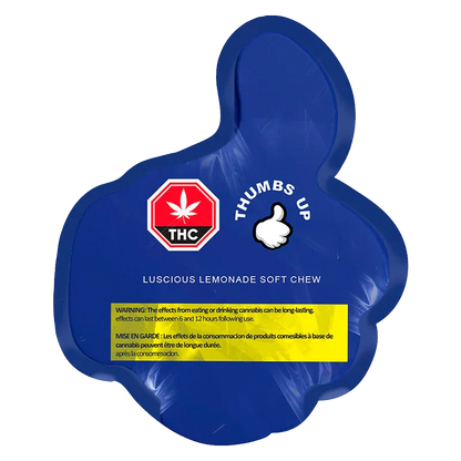 Top-down view of the blue Thumbs Up Luscious Lemonade Gummies pouch with a THC octagon logo and yellow warning box.