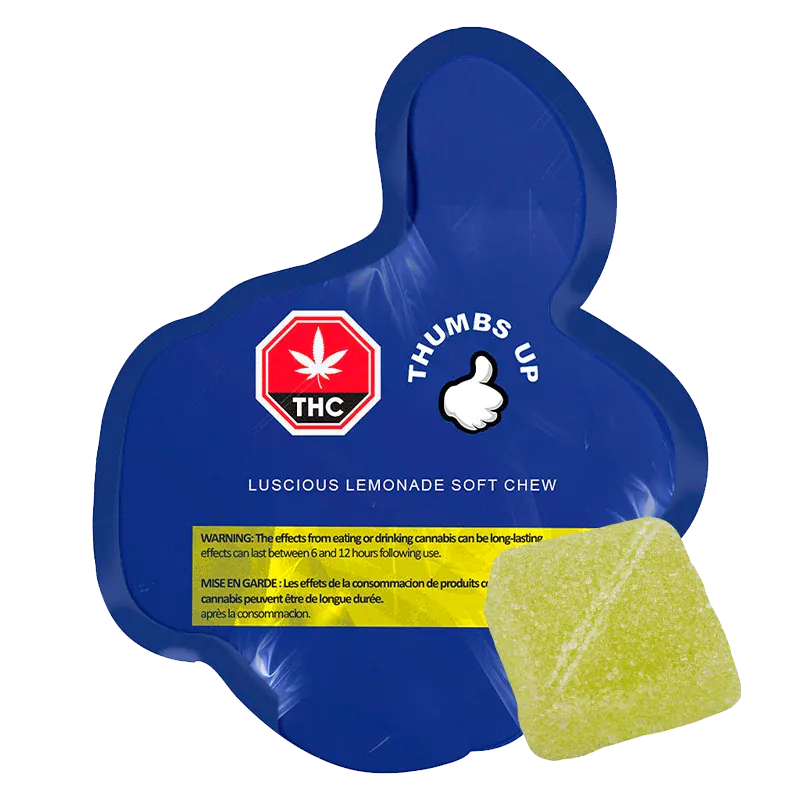 Top-down view of a blue pouch with a yellow warning strip and a sugar-coated lemon gummy beside it, labeled "Luscious Lemonade Gummies".