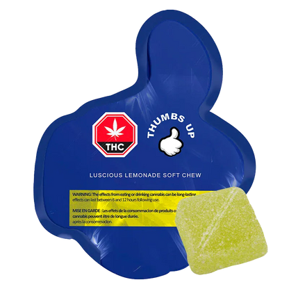 Top-down view of a blue pouch with a yellow warning strip and a sugar-coated lemon gummy beside it, labeled "Luscious Lemonade Gummies".