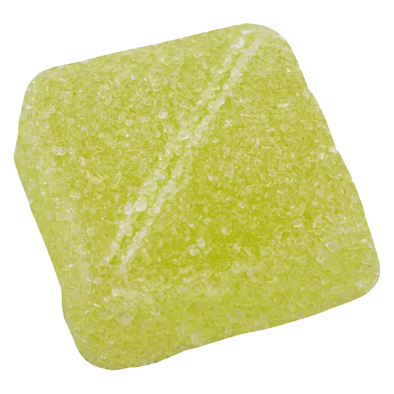 Close-up of a sugar-coated pale yellow square Luscious Lemonade Gummies piece shown on a white background.