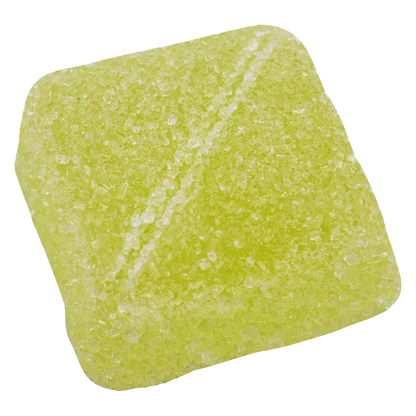 Close-up of a sugar-coated pale yellow square Luscious Lemonade Gummies piece shown on a white background.