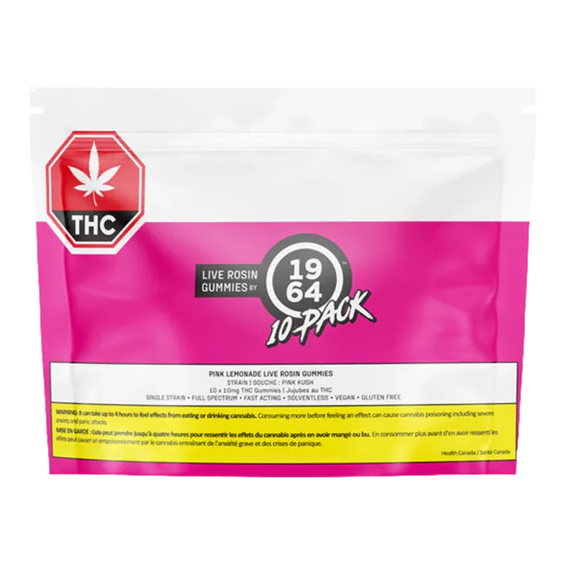 Front-facing photo of a pink resealable pouch labeled Pink Lemonade Live Rosin THC Gummies with a bold 1964 10-pack logo.