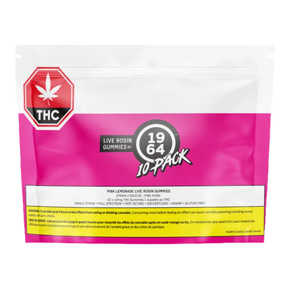 Front-facing photo of a pink resealable pouch labeled Pink Lemonade Live Rosin THC Gummies with a bold 1964 10-pack logo.