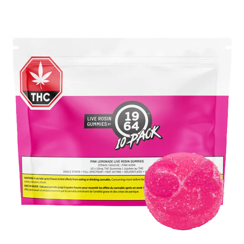 Front-facing pouch of Pink Lemonade Live Rosin THC Gummies 10 Pack in bright pink packaging with a single sugar-coated pink gummy shown at lower right.