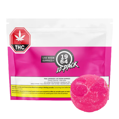 Front-facing pouch of Pink Lemonade Live Rosin THC Gummies 10 Pack in bright pink packaging with a single sugar-coated pink gummy shown at lower right.