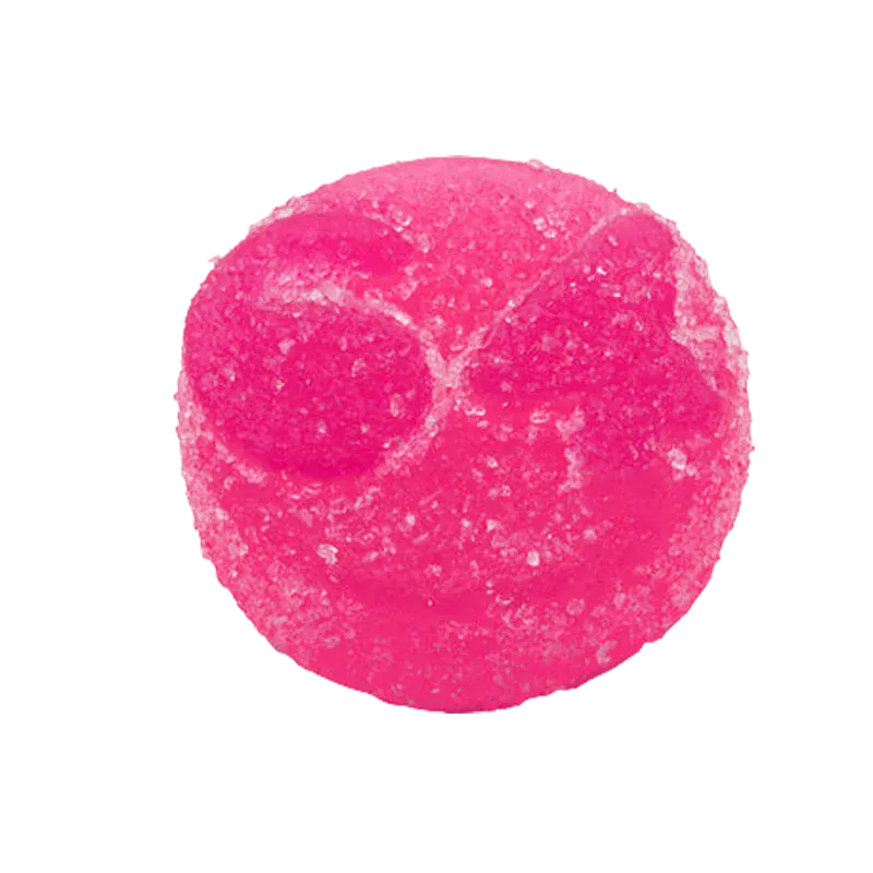 Top-down close-up of a bright pink, sugar-coated candy piece of Pink Lemonade Live Rosin THC Gummies on a white background.