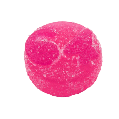 Top-down close-up of a bright pink, sugar-coated candy piece of Pink Lemonade Live Rosin THC Gummies on a white background.