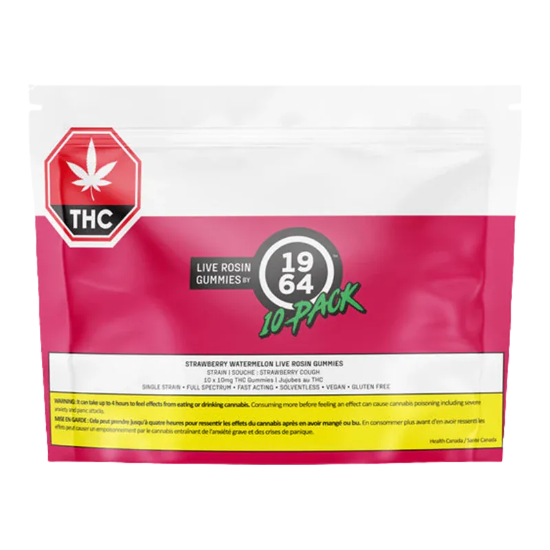Front-facing pouch shot of Strawberry Watermelon Live Rosin THC Gummies packaging with a pink lower half and white top, centered logo and warning band.