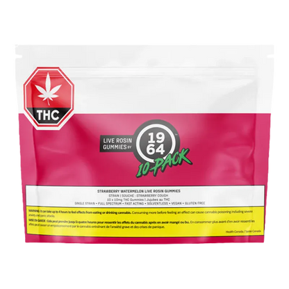 Front-facing pouch shot of Strawberry Watermelon Live Rosin THC Gummies packaging with a pink lower half and white top, centered logo and warning band.