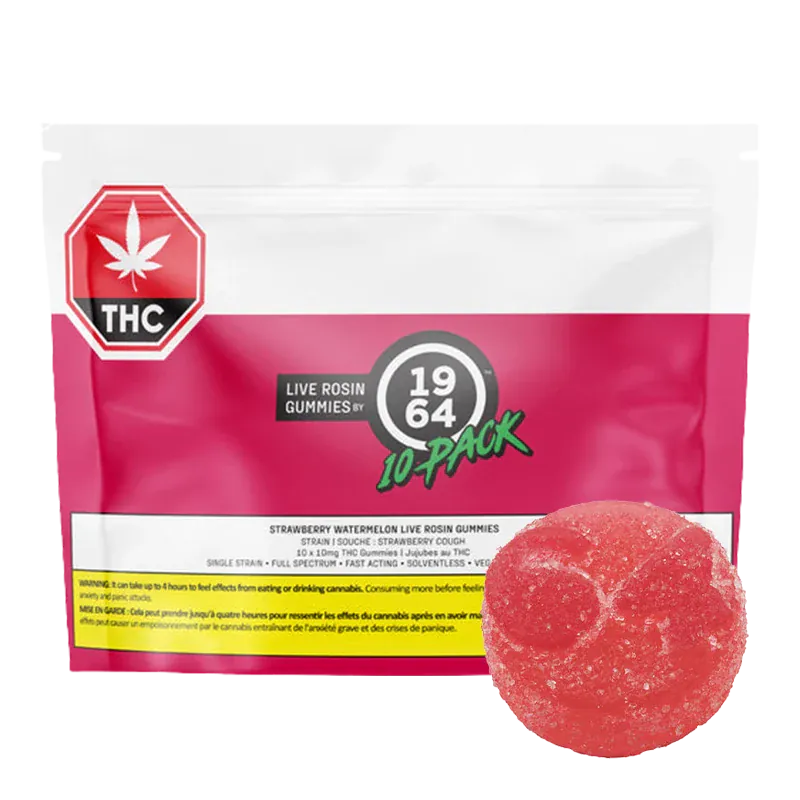 Front-facing pouch on white background with a close-up red gummy in front of the Strawberry Watermelon Live Rosin THC Gummies 10 Pack packaging
